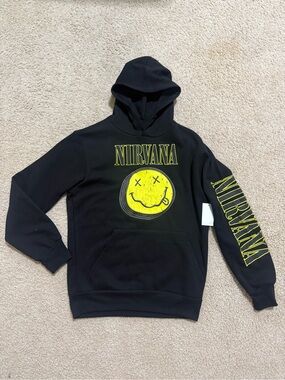 Nirvana Hoodie Smiley Face  Graphic Sweatshirt Small Black New Size S